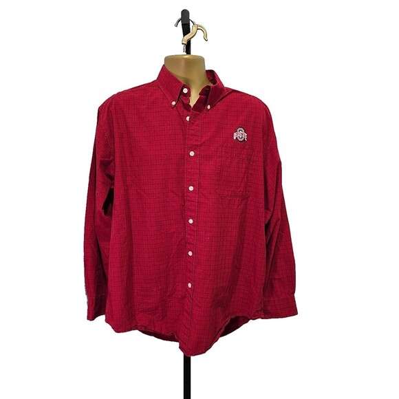 Ohio State Buckeyes Button Shirt Mens Lg Red Plaid Embroidered Vesi College - Picture 1 of 7